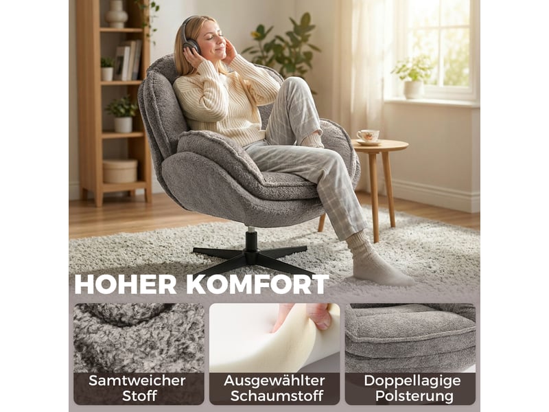  Fauteuil pivotant 360° en velours avec accoudoirs et base 4 branches gris 76x86x88 cm  - Conforama E