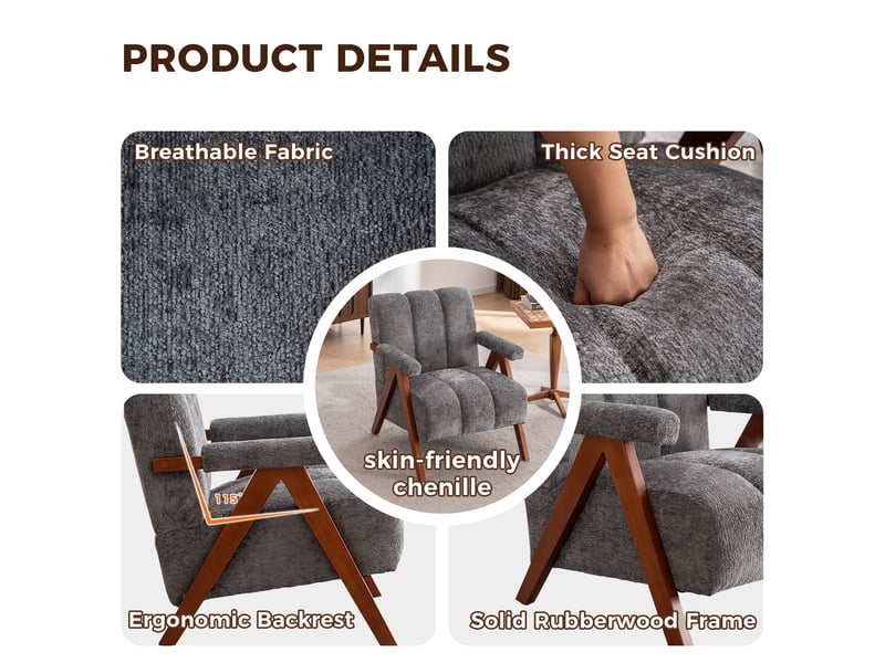 Fauteuil d'appoint avec accoudoirs 77 x 68,5 x 77 cm - gris - cadre en bois de chêne et mousse  - Conforama E