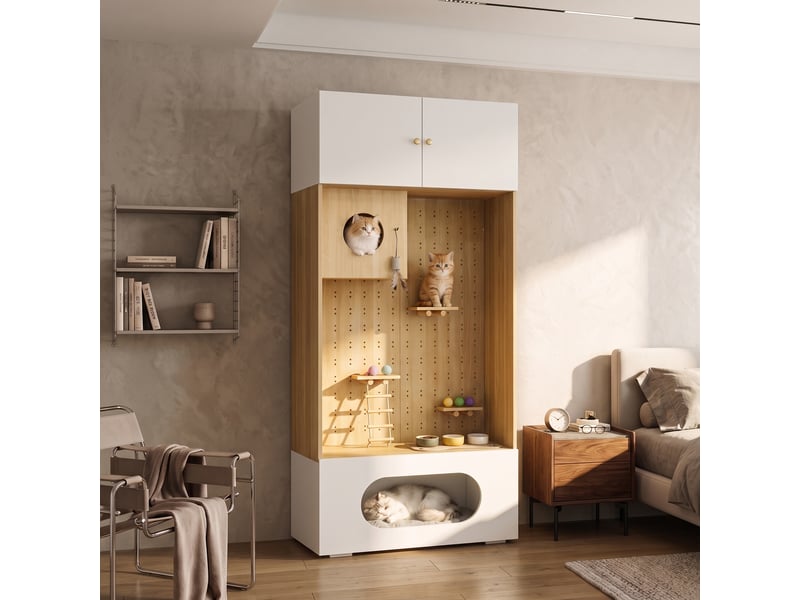  Meuble vertical multifonction avec niche, plateformes et rangement, 90 x 50 x 200 cm, blanc effet bois  - Conforama D
