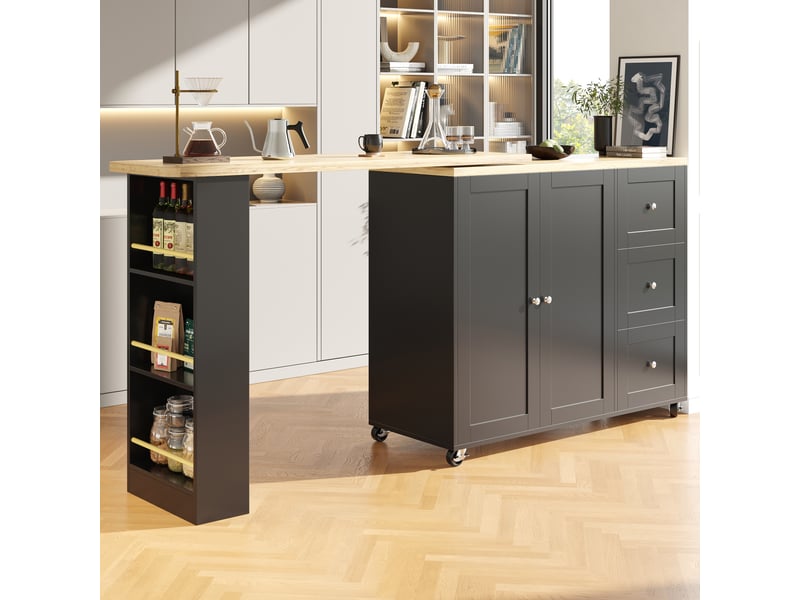  Îlot de cuisine noir table de bar pivotante à 360° (135-203x39x106 cm) avec rangement, roulettes et étagère à snacks  - Conforama E