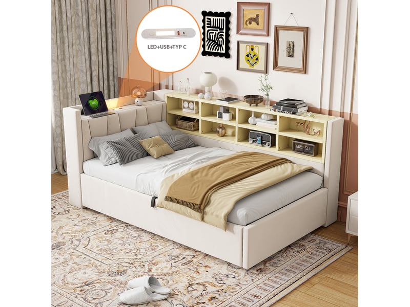  Lit coffre 90x200 cm en velours beige avec veilleuse et ports usb et usb-c  - Conforama B