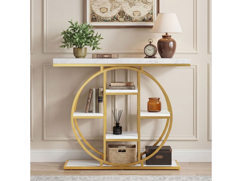  Console design industriel arrondi 5 étagères épais plateau métal doré effet marbre blanc  - Conforama D