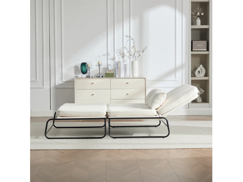 Canapé convertible 2 places avec couchage et poches latérales, structure métallique en chenille beige - Conforama D