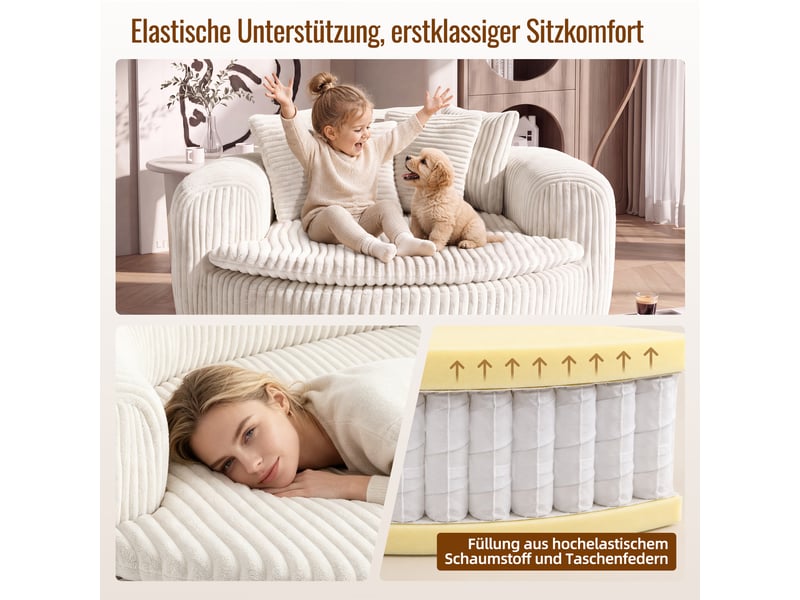 Fauteuil lounge 1 places en velours côtelé beige, assise profonde 89×90 cm, 5 coussins, sans montage, design arrondi - Conforama R