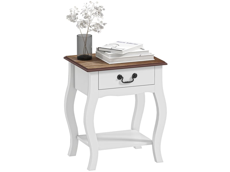  Table de chevet en bois de style français avec tiroir et étagère ouverte, 45 x 35 x 55 cm, blanc et chêne  - Conforama A