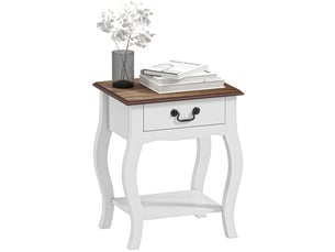 Table de chevet en bois de style français avec tiroir et étagère ouverte, 45 x 35 x 55 cm, blanc et chêne