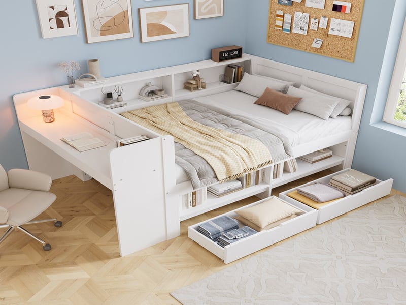 Lit en bois 120x200 cm, lit fonctionnel avec bureau intégré, contour partiel, armoire, 2 tiroirs, niches ouvertes, blanc - Conforama B