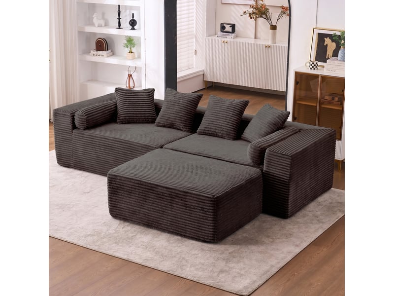 Canapé modulable d’angle compressé 217x110x60 cm 3 places en mousse et velours côtelé couleur noir, moderne - Conforama E