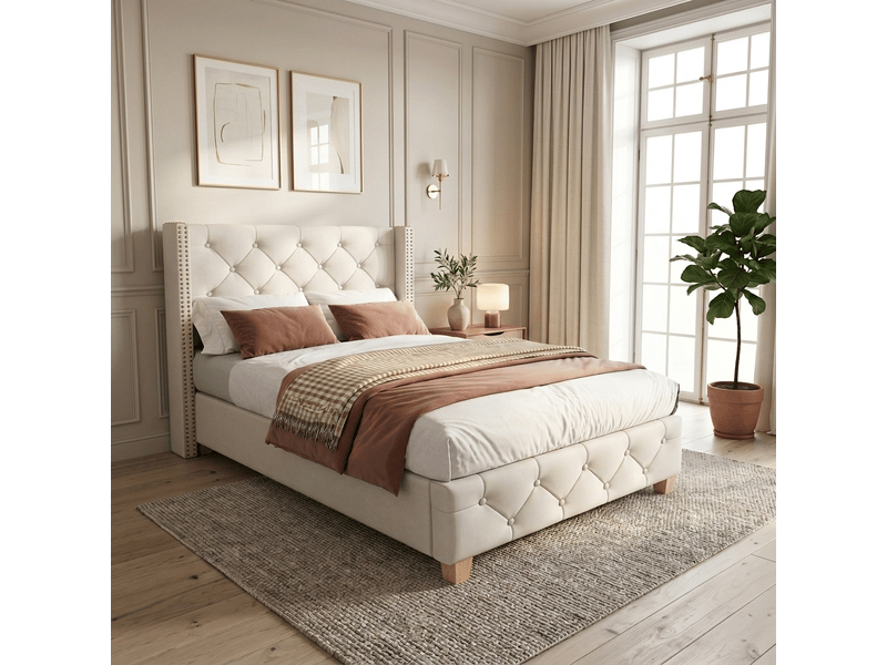  Lit rembourré 90 x 200 cm, tête de lit capitonnée à boutons et clous, sommier à lattes, pieds bois, lin beige evarich - Conforama B