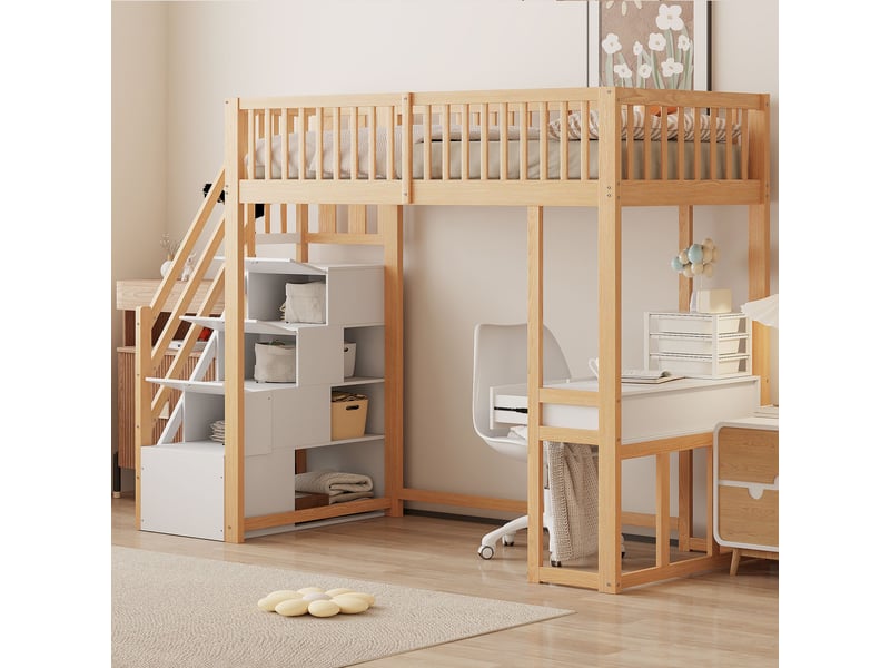  Lit mezzanine blanc et chêne clair 90x200cm avec escalier rangement, structure robuste, pratique - bois massif - pour enfant ado  - Conforama C