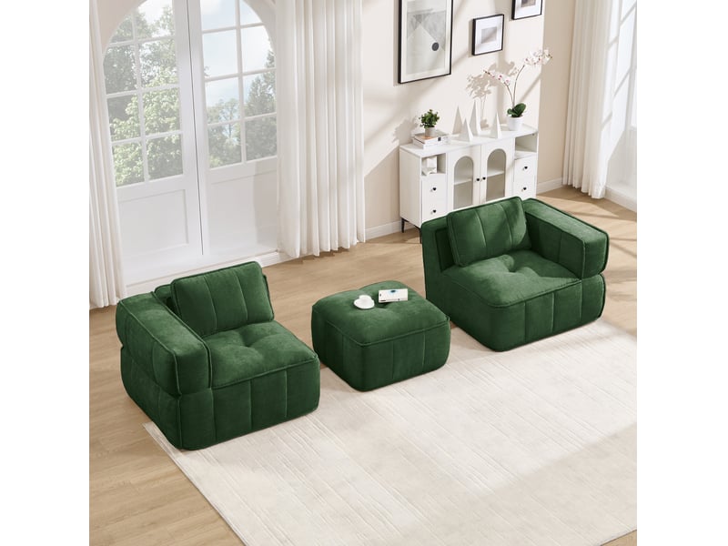  Canapé modulable 2 places modenvie en l sans cadre avec pouf, 198 x 162 x 67 cm, mousse haute densité 32d, tissu polyester vert  - Conforama E