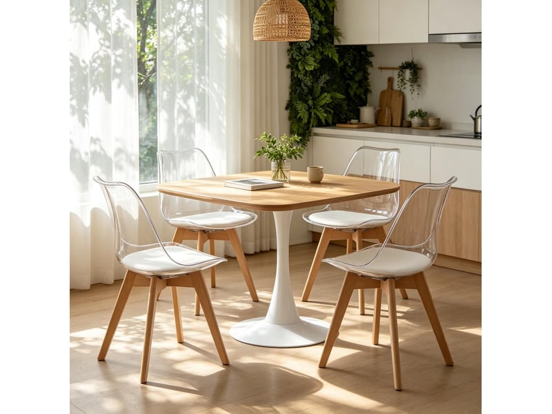  Lot de 4 chaises de salle à manger blanches avec coussin en cuir régénéré, piètement bois, style moderne  - Conforama B
