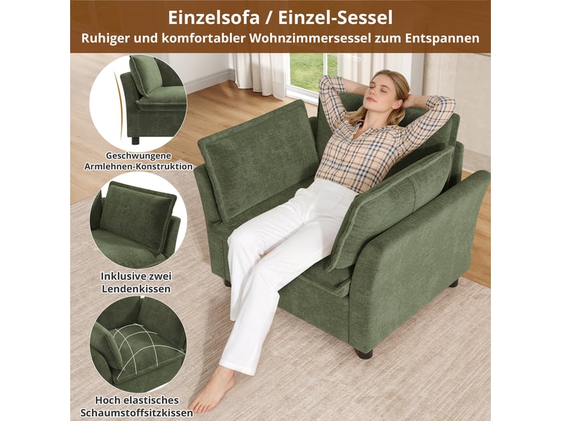  Ensemble canapé modulable 6 places en tissu chenille vert, 6-7 personnes, 220×87×81 cm  - Conforama E