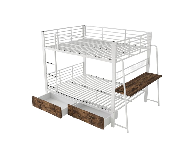  Lit mezzanine en métal 140x200 cm, bureau, 2 tiroirs, bandeau led, prise, structure blanche  - Conforama A