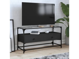 Meuble tv - banc tv - meuble de rangement et dessus en verre noir 80x35x51 cm bois d'ingénierie