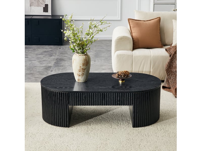  Table basse ovale avec tiroir coulissant et espace ouvert, style moderne, finition noire rainurée en mdf pour salon  - Conforama B