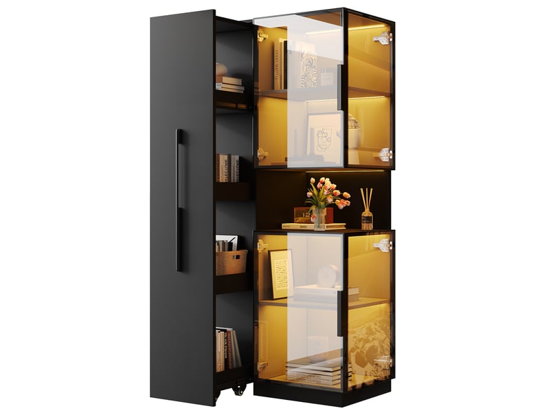  Vitrine avec étagère coulissante, 70x38x160 cm, armoire multifonction avec porte en verre et éclairage led, noir  - Conforama A