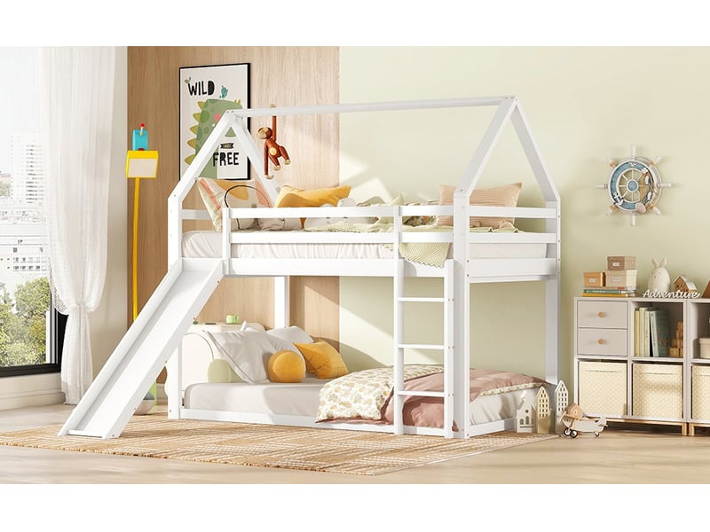  Lit superposé enfant avec toboggan et échelle 90x200 cm blanc pin massif structure sécurisée avec garde-corps Sol Morn - Conforama E