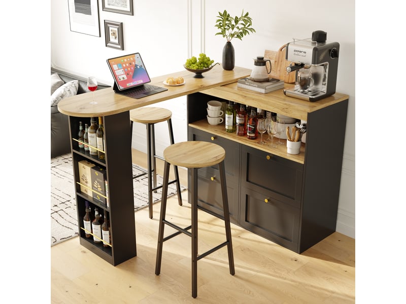  Ensemble table et chaises de bar avec 1 îlot de cuisine et 2 tabourets  - rangement - mdf et métal - noir  - Conforama C