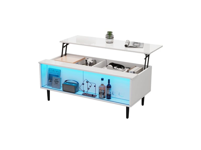  Table basse relevable 105x50 cm avec rangement caché, lumières led et portes en verre trempé, blanche brillante  - Conforama A