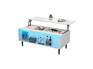 Table basse relevable 105x50 cm avec rangement caché, lumières led et portes en verre trempé, blanche brillante