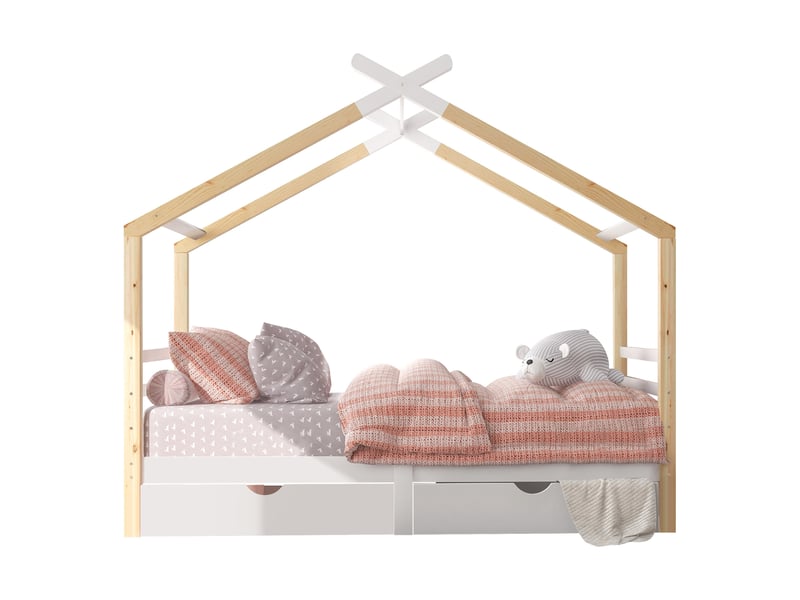  Modenvie lit cabane enfant 90x200 cm - avec tiroirs de rangement et sommier inclus, sans matelas - blanc et bois  - Conforama A