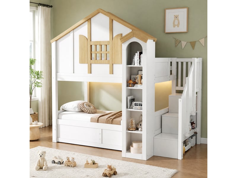  Lit superposé enfant 90×200 cm et 90×200 cm avec coffre hydraulique - okmyhome- led, escalier rangement, sans matelas  - Conforama C