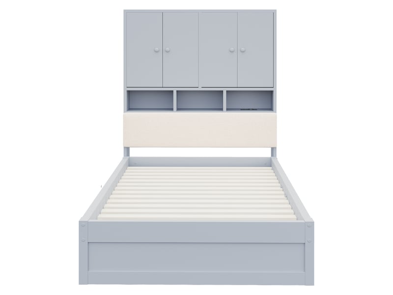 Lit simple 90×200 cm avec tête de lit, rangements, led, prise et tiroir, gris - Conforama A