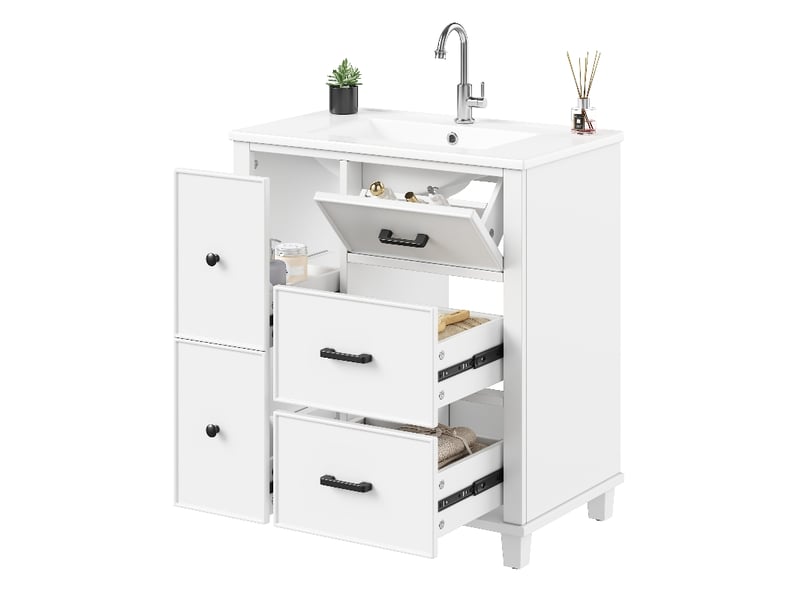 Meuble salle de bain sur pied avec lavabo en céramique intégré, meuble vasque blanc 76 cm, 4 tiroirs, mdf laqué - Conforama A