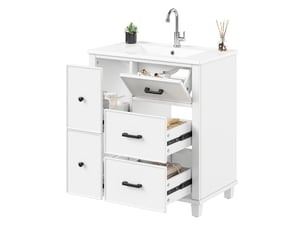 Meuble salle de bain sur pied avec lavabo en céramique intégré, meuble vasque blanc 76 cm, 4 tiroirs, mdf laqué