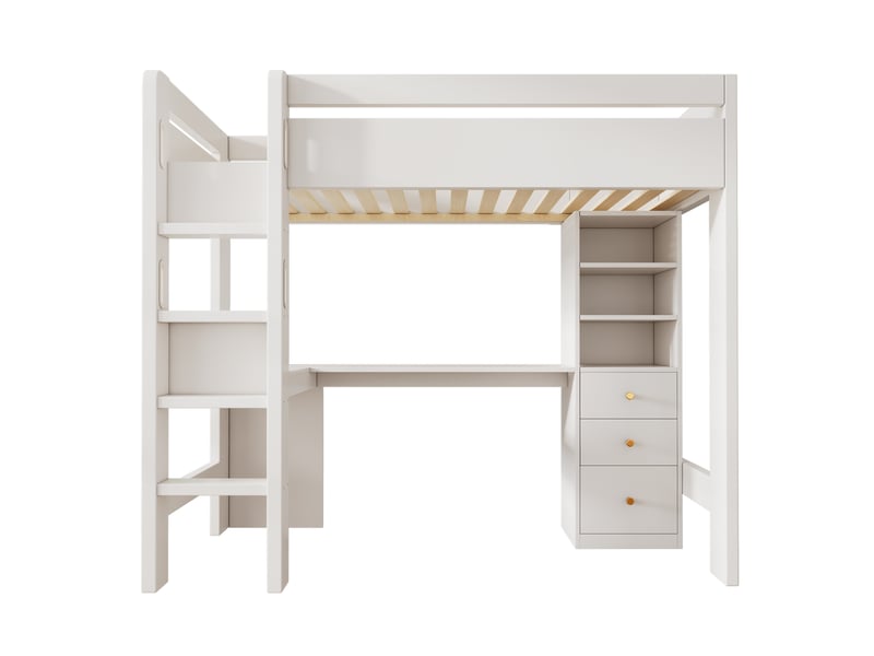  Lit mezzanine avec bureau en l et étagères, lit enfant 90x200 blanc avec ports usbtype-c, sommier inclus  - Conforama A