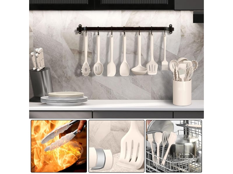  Set de 12 ustensiles de cuisine en silicone kaki avec support chicfurn  - Conforama B