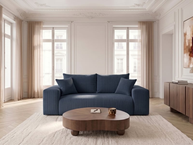  Bobochic canapé droit convertible ouverture express voltaire tissu velours côtelé bleu 140x200 VOLTAIRE - Conforama B