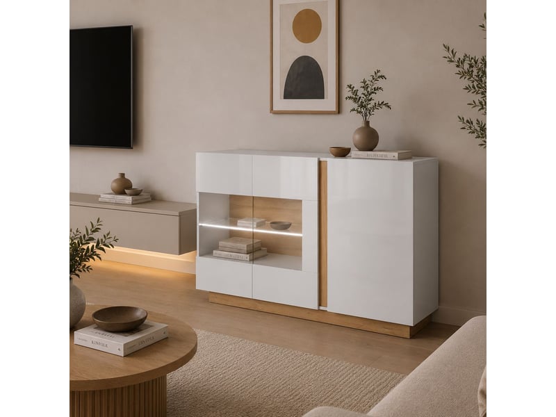  Buffet haka, enfilade 3 étagères, 138x40x91h cm blanc brillant Haka - Conforama B