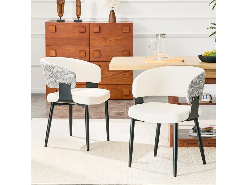  Lot de 2 chaises de salle à manger 44,5x48x77,3cm blanc et motif - en pu avec accoudoirs tonneau et pieds en métal noir  - Conforama D