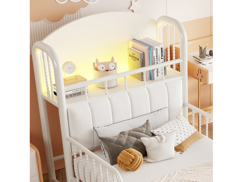  Lit enfant 90x200 cm en métal blanc, tête de lit rembourrée avec rangement et led multicolore, sans matelas  - Conforama D