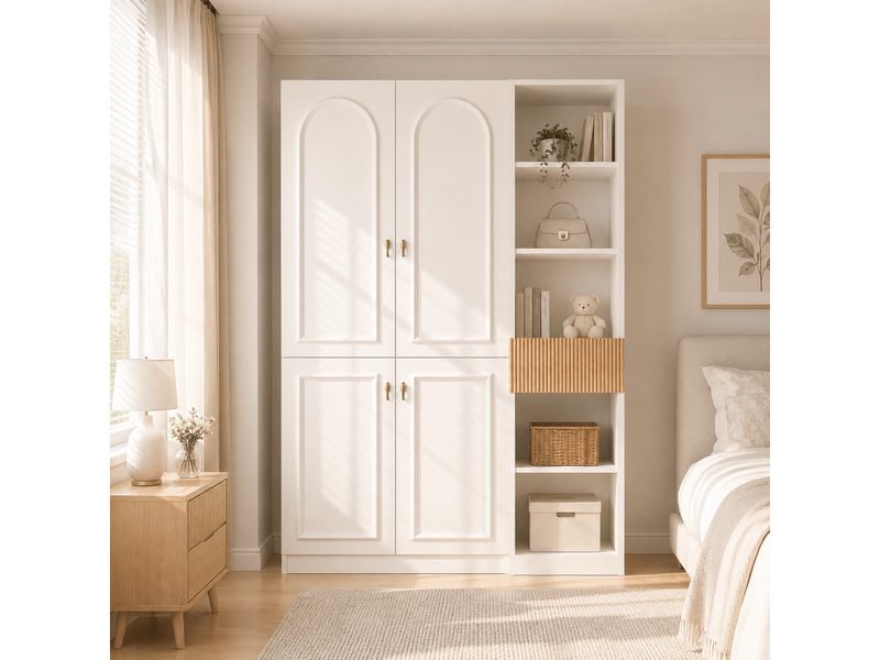  Armoire penderie blanc et bois, garde-robe 135x50x200 cm avec 2 barres et étagères, meuble de rangement pour chambre et salon  - Conforama R