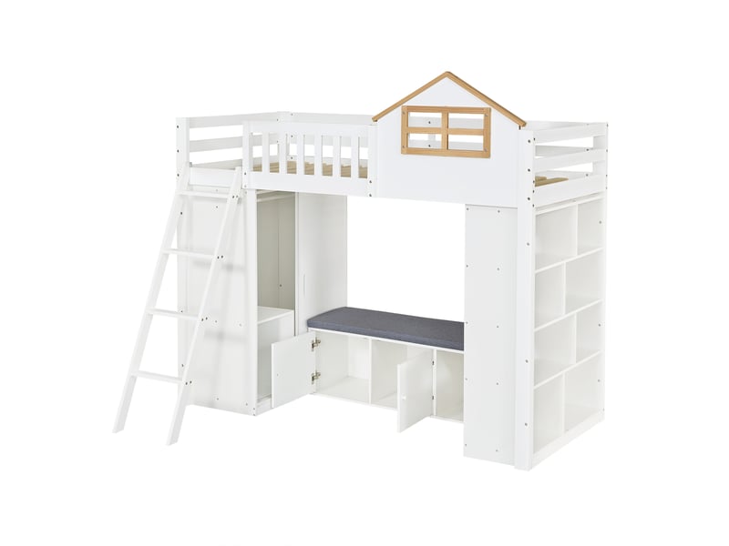  Lit mezzanine 90 x 200 cm en bois blanc et naturel, lit enfant design maison, échelle, armoire, étagère ouverte et banquette avec espace de rangement  - Conforama E