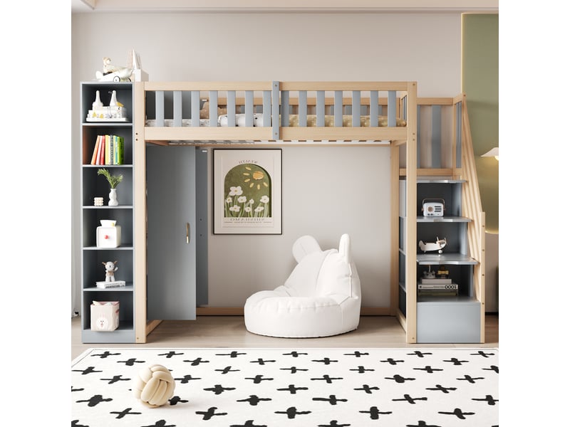  Lit mezzanine 90x200 cm avec étagères et armoire, lit enfant avec échelle de sécurité, gris + bois naturel, lit 1 personne  - Conforama D