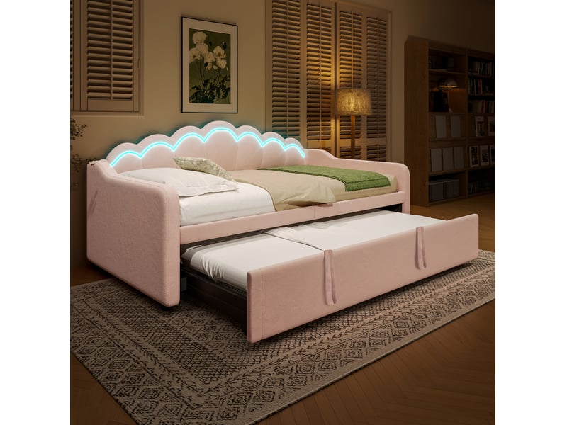  Modenvie lit banquette gigogne 90x200 cm - velours, led multicolore, sans matelas - rose  - Conforama B