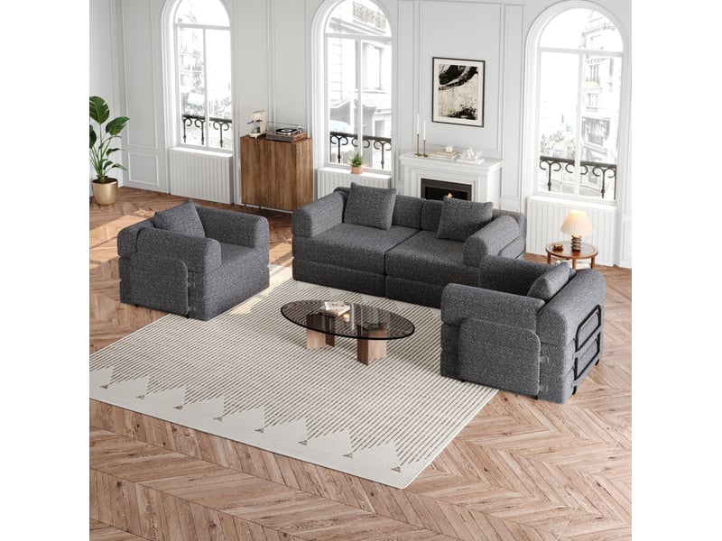  Canapé droit convertible 4 places en tissu gris avec rangement d'accoudoir, modulable pour votre salon  - Conforama E