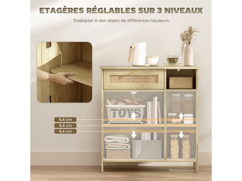  Buffet, meuble de rangement, 2 portes en rotin, tiroir, niches ouvertes, étagères réglables, 75x30x79,5cm, bois naturel  - Conforama E