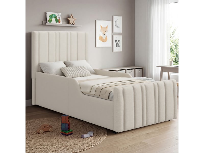  Lit enfant rembourré avec coffre de rangement - avec tête de lit capitonnée - sommier à lattes - lin - beige (sans matelas)  - Conforama B