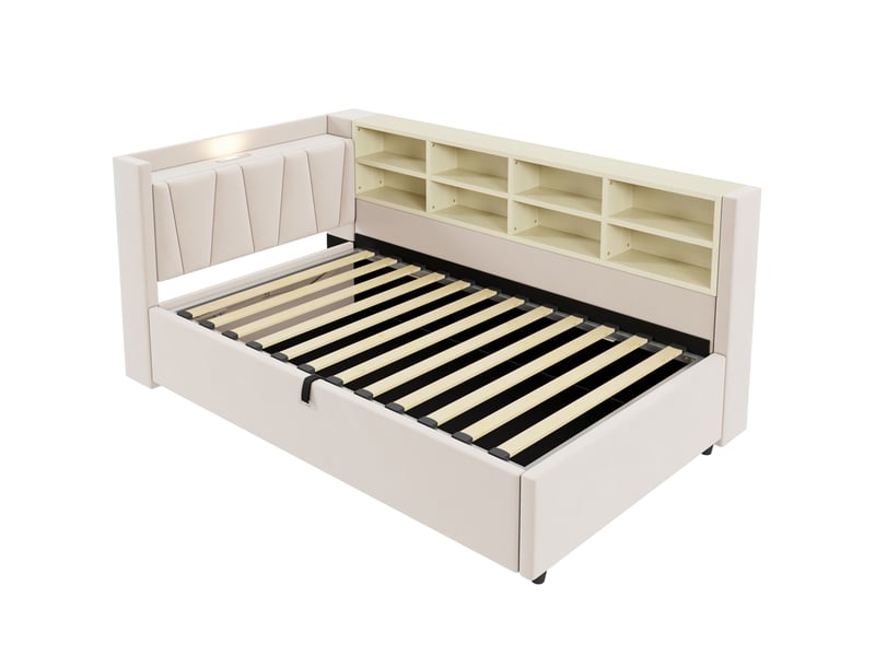  Lit coffre 90x200 cm, lit simple avec veilleuse et usb-c, velours beige, sans matelas  - Conforama D