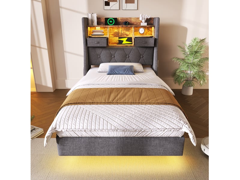  Lit simple 90x200 cm avec led et rangements en lin gris  - Conforama B