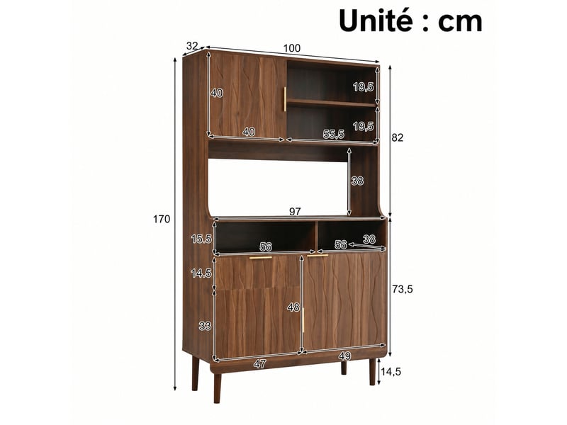 Meuble de cuisine muvano, buffet haut avec étagères ouvertes, décor noyer, 100 × 32 × 170 cm - Conforama W