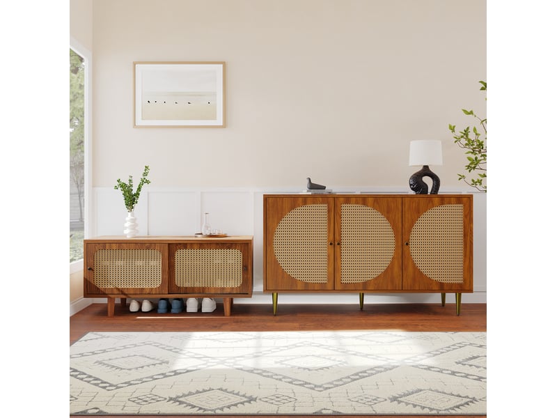  Ensemble buffet bas et meuble à chaussures 129.8x40x76 et 104x40x48 cm, pb, 5 portes, rotin, style contemporain, brun  - Conforama B