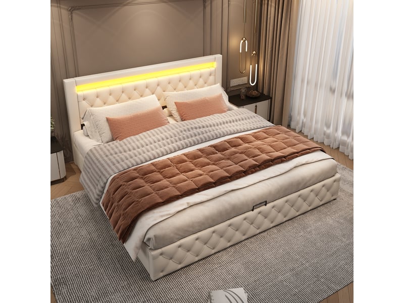  Lit rembourré 180 x 200 cm, lit fonctionnel avec sommier à lattes et espace de rangement, éclairage led, blanc, pu  - Conforama B