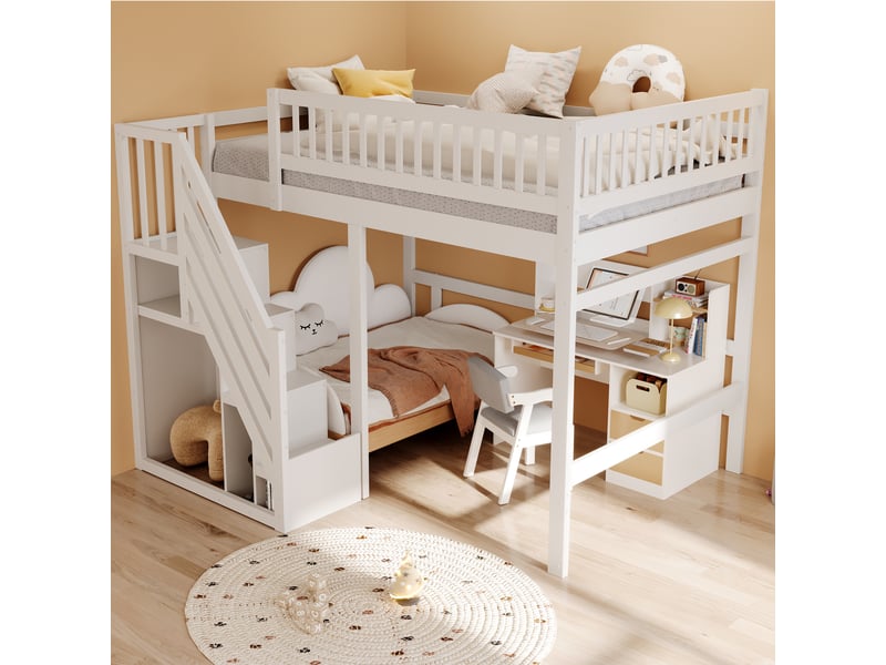  Lit en bois massif 140*200 blanc, escalier avec rangement, garde-corps élevé, lit enfant et ado, finition soignée  - Conforama C