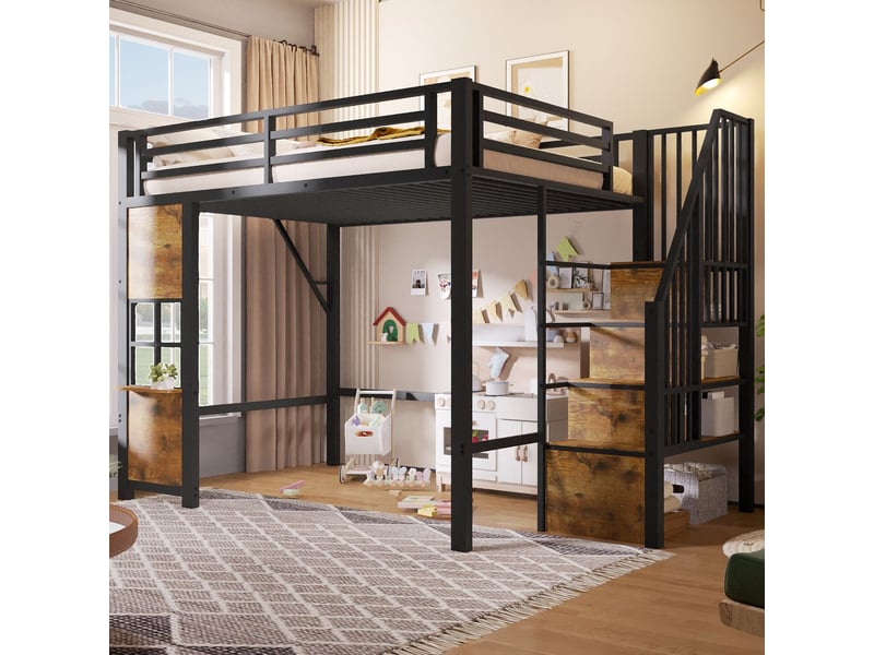  Lit mezzanine 140 x 200 cm cadre en fer échelle de rangement rangement ouvert sous le lit design fenêtre barrière de sécurité noir  - Conforama B
